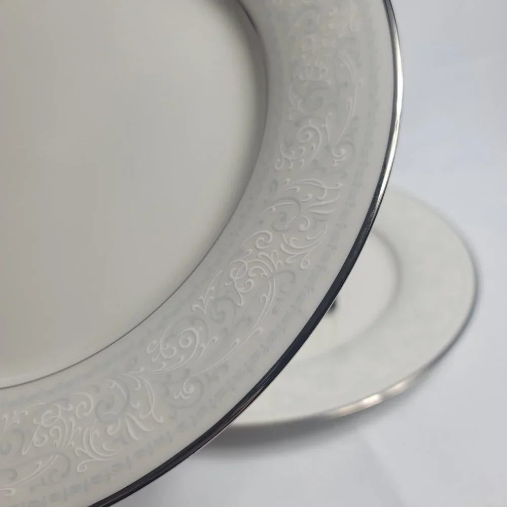 TWO Noritake Trudy Dinner Plates Ivory with Blue & White Scrolls 7087